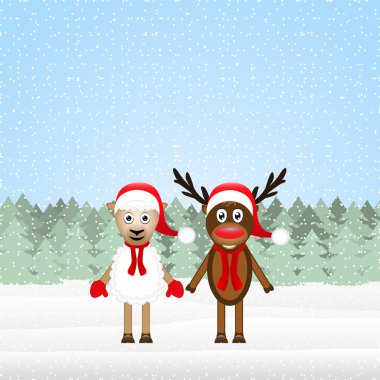 Ren geyiği ve Noel kuzu ormanda