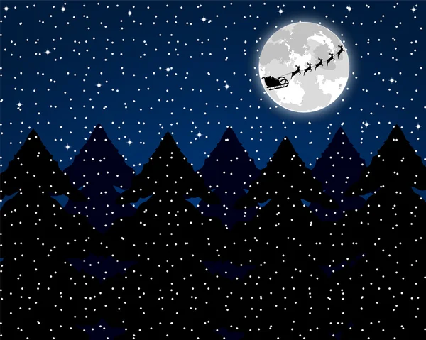 Le Père Noël monte dans un renne en traîneau dans la forêt — Image vectorielle