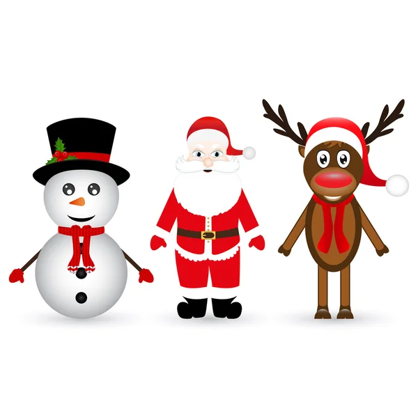 Santa Claus, un reno y un muñeco de nieve — Vector de stock