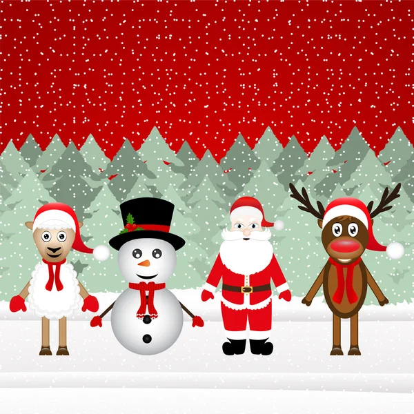 Santa Claus, renos, muñeco de nieve y ovejas — Vector de stock