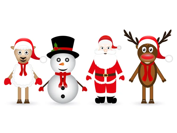 Père Noël, rennes, bonhomme de neige et moutons — Image vectorielle