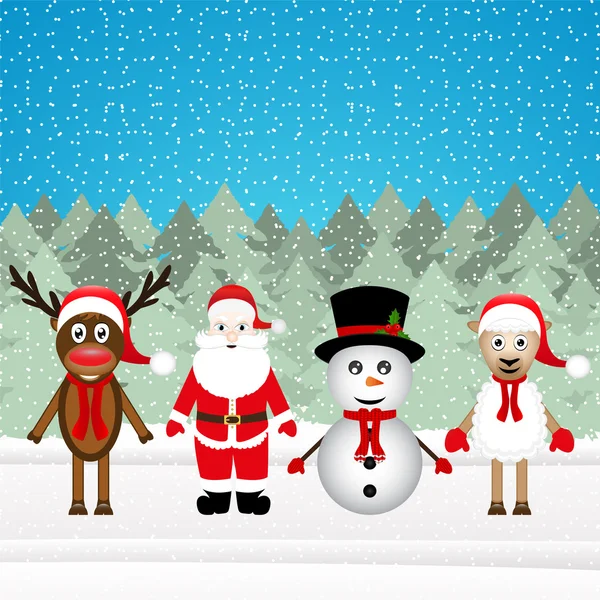 Santa Claus, renos, muñeco de nieve y ovejas — Vector de stock
