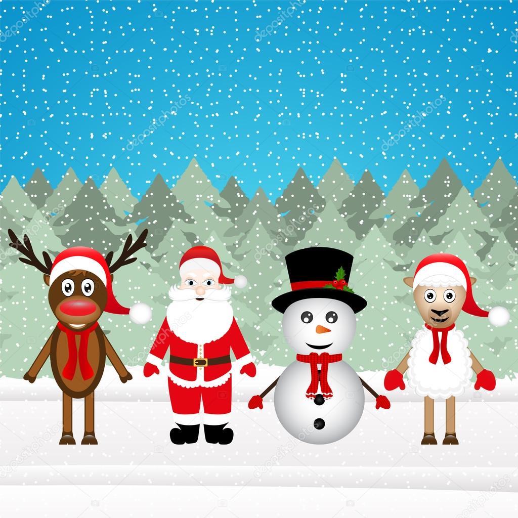 Santa Claus, reindeer, snowman and sheep