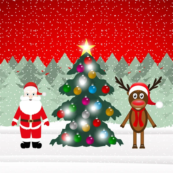 Rendieren en Santa Claus met kerstboom — Stockvector