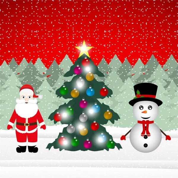 Boneco de neve e Papai Noel com árvore de Natal — Vetor de Stock