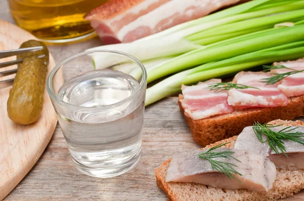 Vodka, cipolla verde, panini con cetrioli e pancetta e aringhe — Foto Stock