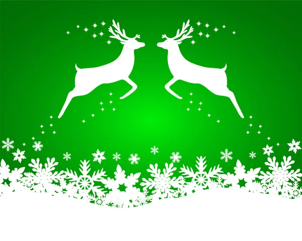 与星星、 雪花和闪闪发光的绿色背景上的驯鹿 — 图库矢量图片