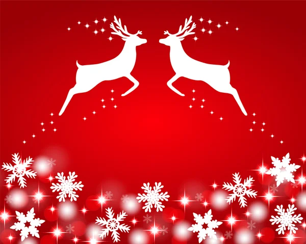 Reindeer with stars, snowflakes and glitter on a red background — Stock Vector