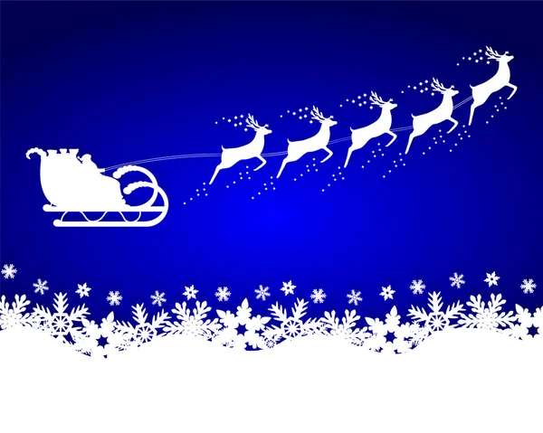 Santa Claus rides in a sleigh reindeer on blue background with s — Stock Vector