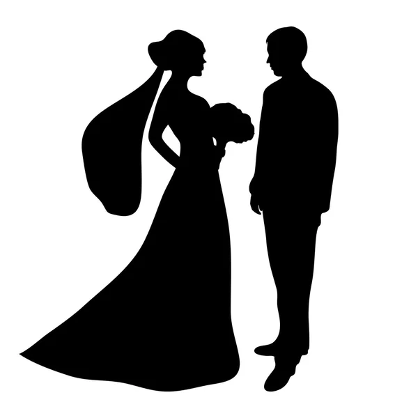 Silueta de novia y novio sobre un fondo blanco — Vector de stock