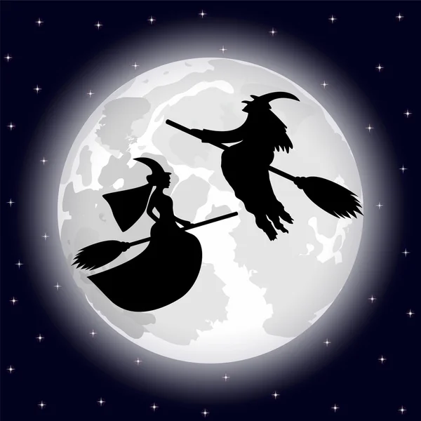 Dos brujas en el fondo de la luna llena en la noche de Halloween — Archivo Imágenes Vectoriales