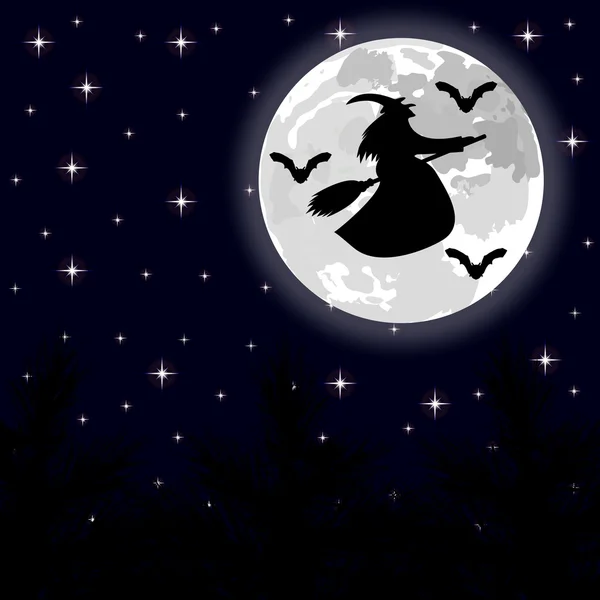 フォレスト内の満月のほうきで飛ぶ魔女 — ストックベクタ