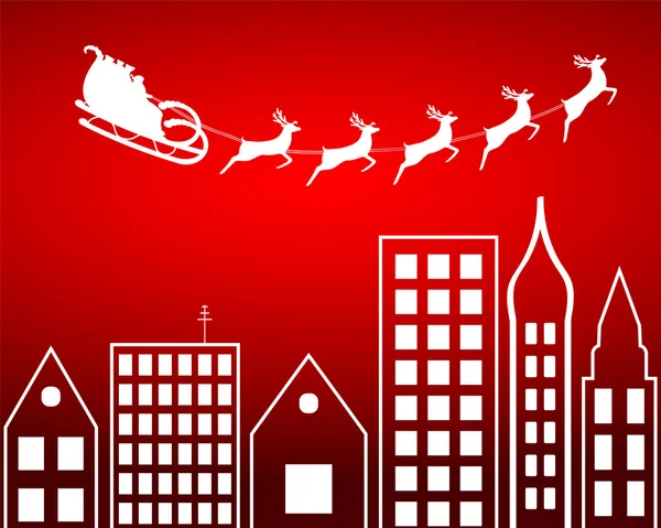 Père Noël vole rennes dans harnais au-dessus de la ville — Image vectorielle