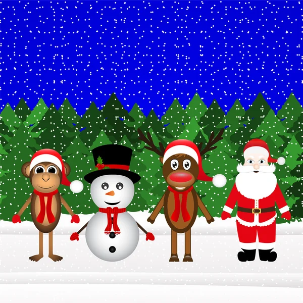 Santa Claus, renar och snögubbe apa i skogen jul — Stock vektor