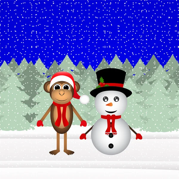 Snowman and a monkey in the forest for Christmas — Stock Vector