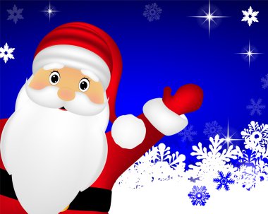 Noel Baba Noel mavi arka plan ile kar taneleri üzerinde
