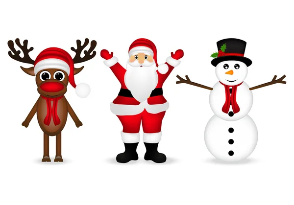 Noel Baba, bir Ren geyiği ve bir kardan adam — Stok Vektör