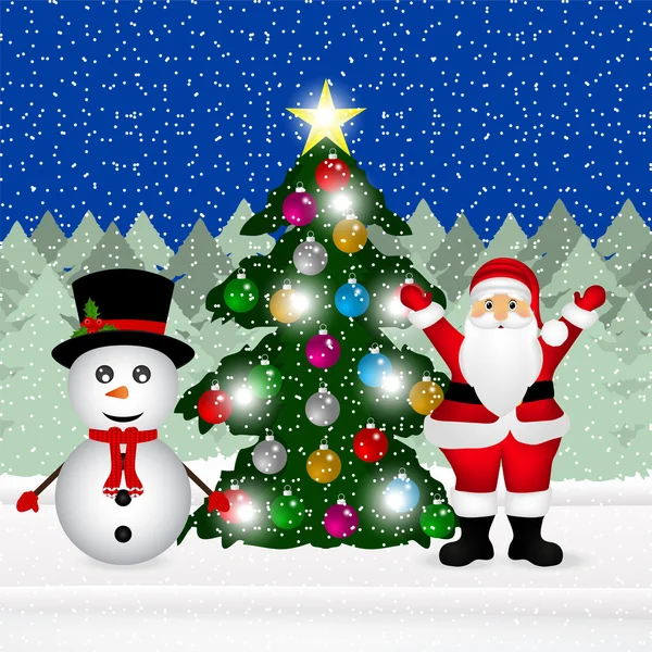 Boneco de neve e Papai Noel com árvore de Natal na floresta — Vetor de Stock
