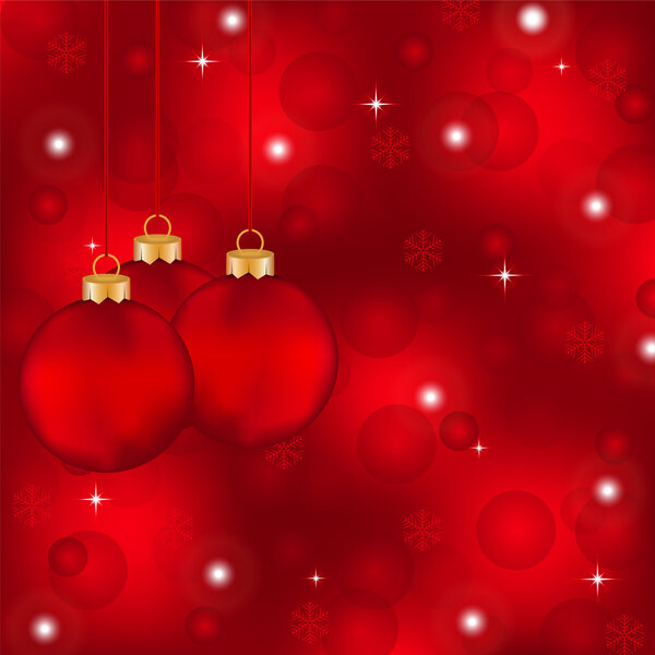 Red Christmas background with Christmas balls and snowflakes