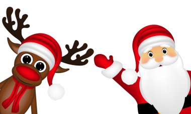 Ren geyiği ve Santa Claus kenarında beyaz bir arka plan