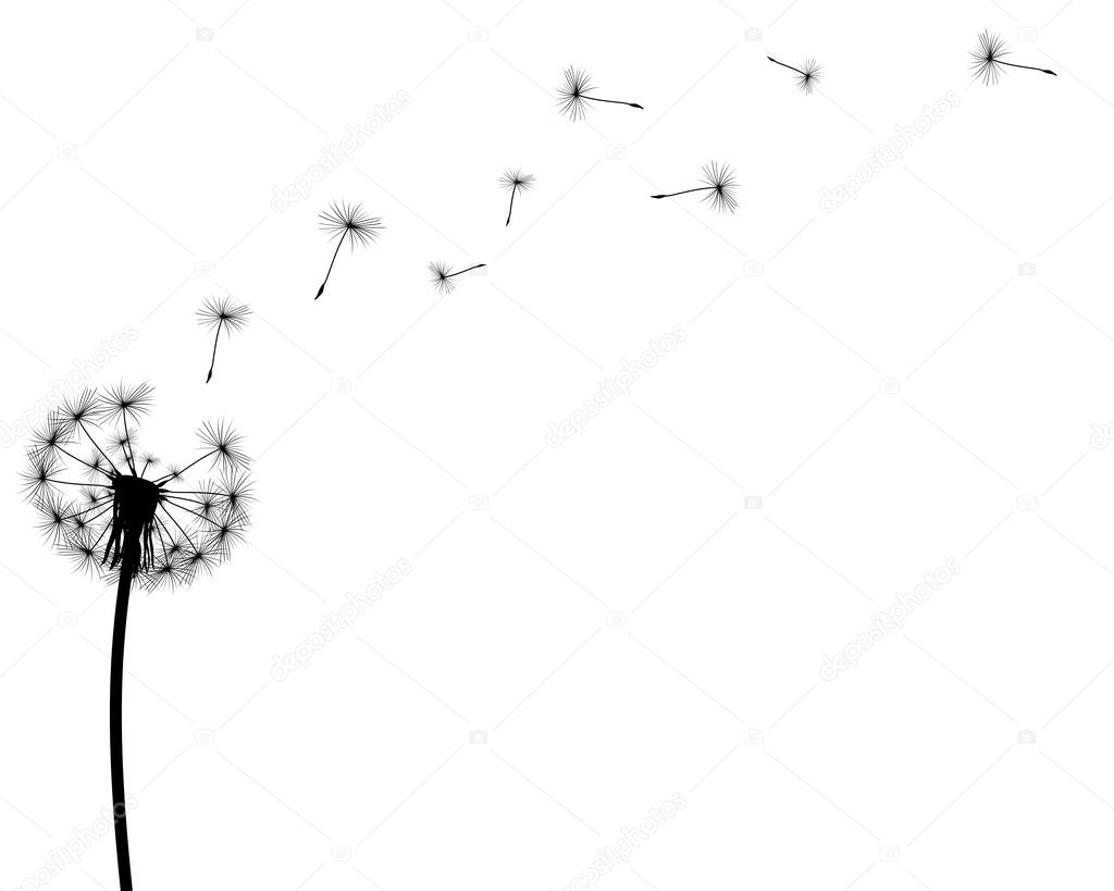 black silhouette with flying dandelion buds