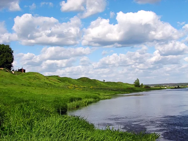 Landschap uitzicht op de rivier met groene kust en blauwe hemel — Stockfoto