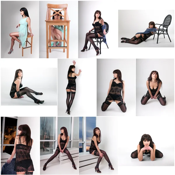 Collage ragazza in biancheria intima e vestito su sfondo grigio — Foto Stock