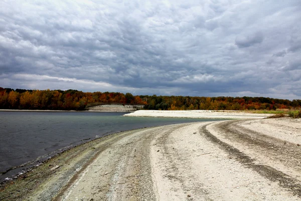Stranden landskap täckt med ljusa färgade stenar under grå mulen himmel och hösten skogen — Stockfoto
