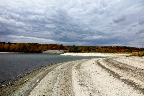 Paisaje de playa cubierto de guijarros de colores claros bajo cielo gris nublado y bosque otoñal — Foto de Stock