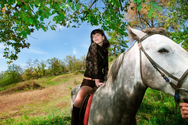 Mooi meisje op paard lopen in het bos — Stockfoto