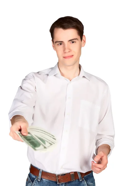Lächelnder junger Mann gibt Ihnen Geld-Dollar-Scheine — Stockfoto