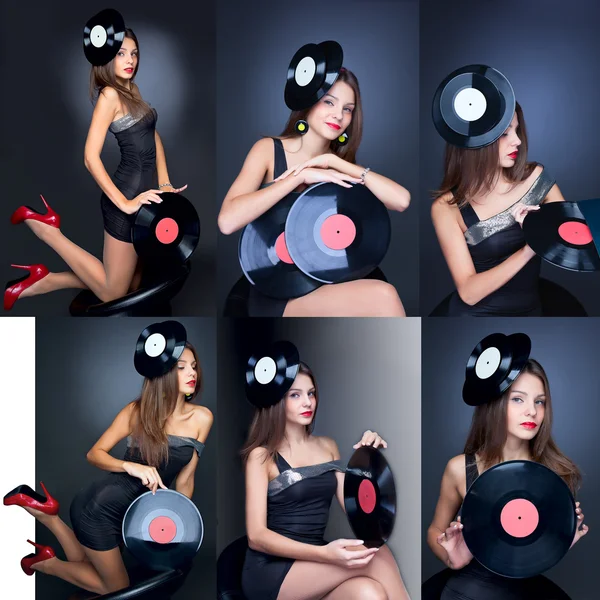 Collage chica posando con disco de vinilo musical — Foto de Stock