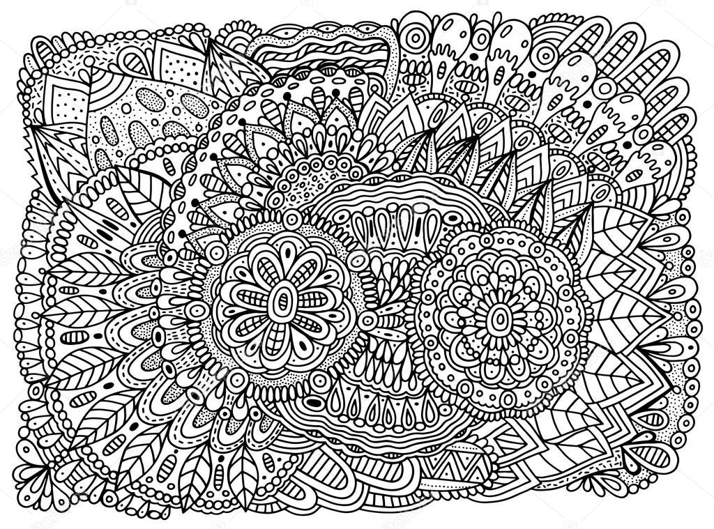 Floral mandala ornament with flowers and leaves. Doodle ornated coloring page for adults. Abstract trippy pattern. Vector artwork.