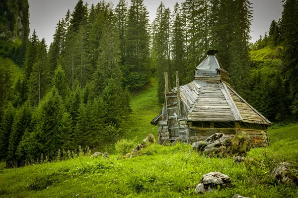 2019年8月1日 スイス オベレルグの上に古い木の小屋を建てる 2019年8月の晴れた日にスイス — ストック写真