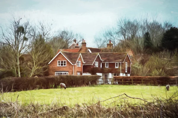 Casa de campo e ovelhas na Inglaterra, ilustração — Fotografia de Stock