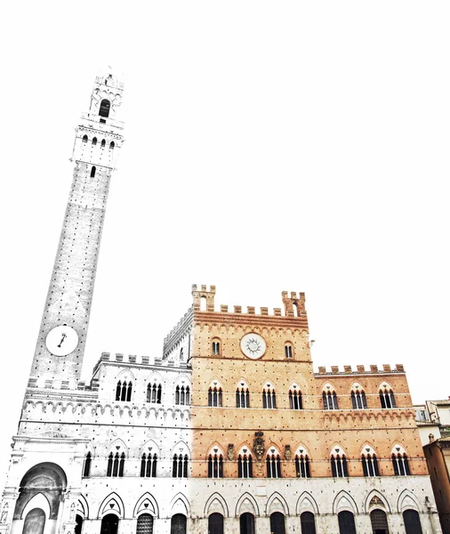 Från skiss till Palazzo Pubblico - stadshuset, slottet i Siena — Stockfoto