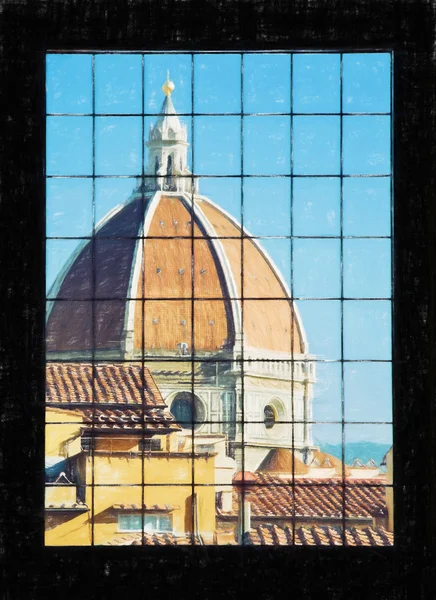 Cattedrale di Santa Maria del Fiore bakom fönstret, Florens, — Stockfoto