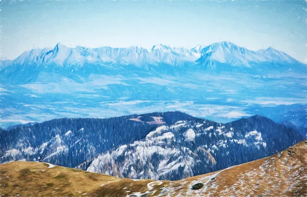 Blick auf die hohe Tatra von der niedrigen Tatra, Reisethema, Stockbild