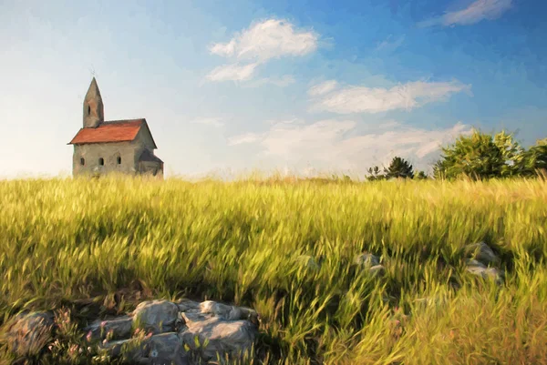 Romański kościół Saint Michael i piękne łąki, Drazovce, — Zdjęcie stockowe