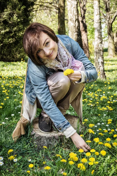 Young beautiful woman making the bouquet of dandelions — Stock Photo, Image