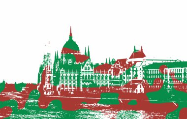 Silhouette of Hungarian parliament filled with national colors clipart