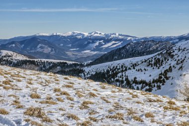 Büyük Fatra ve Low Tatras dağları Borisov, Slovak cumhuriyetinden. Karlı bir manzara. Mevsimsel doğal sahne. Seyahat güzergahı. Yürüyüş teması.