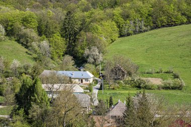 Cachtice Kalesi 'nden görüntü. Ormanlar, çayırlar ve tarlalarla dolu Slovakya manzarası. Seyahat hedefi.