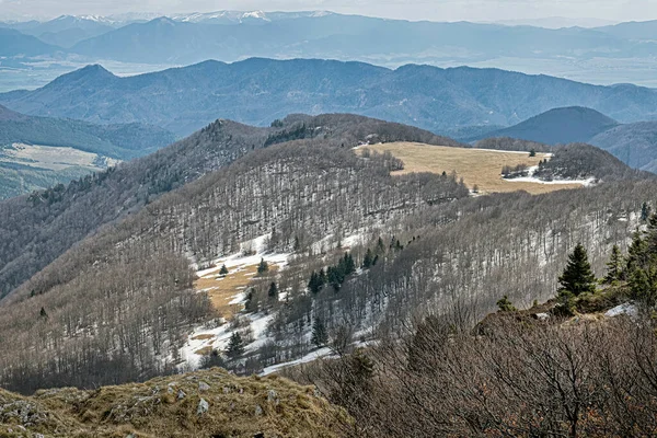 Pohled Trosek Hradu Čachtice Slovenská Krajina Lesy Loukami Poli Cíl — Stock fotografie