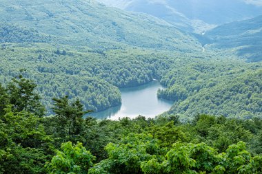 Morske Oko Gölü, Sninsky Kamen Tepesi, Vihorlat Dağları, Doğu Slovakya Cumhuriyeti. Mevsimsel doğal sahne.