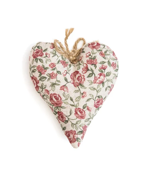 Decorative valentine heart of fabric with flowers pattern — Stock Photo, Image
