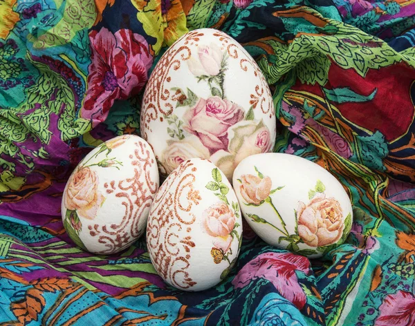 Easter eggs and colorful scarf — Stock Photo, Image