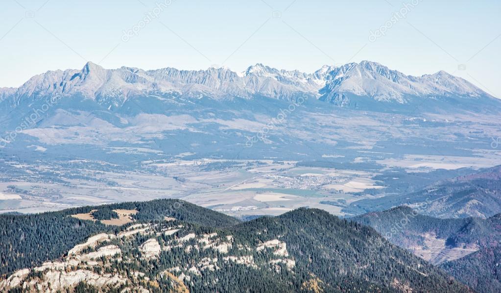 View of the High Tatras mountains from the Low Tatras, travellin