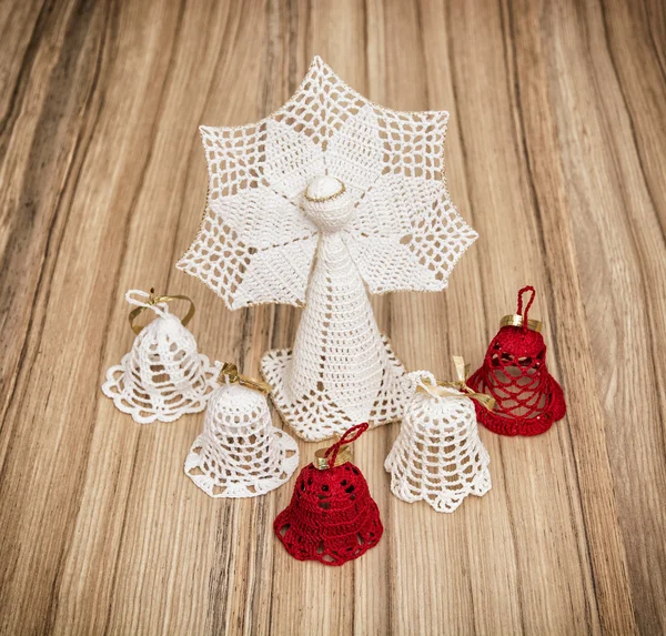 Red and white crochet christmas angel and bells — Stock Photo, Image