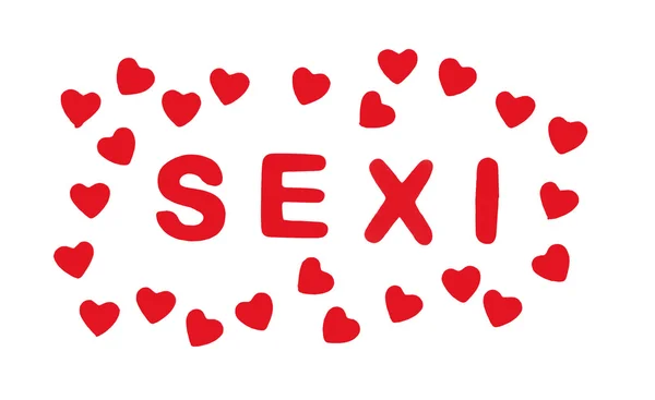 红色的标题 Sexi 用白色背景，情人节的心 — 图库照片